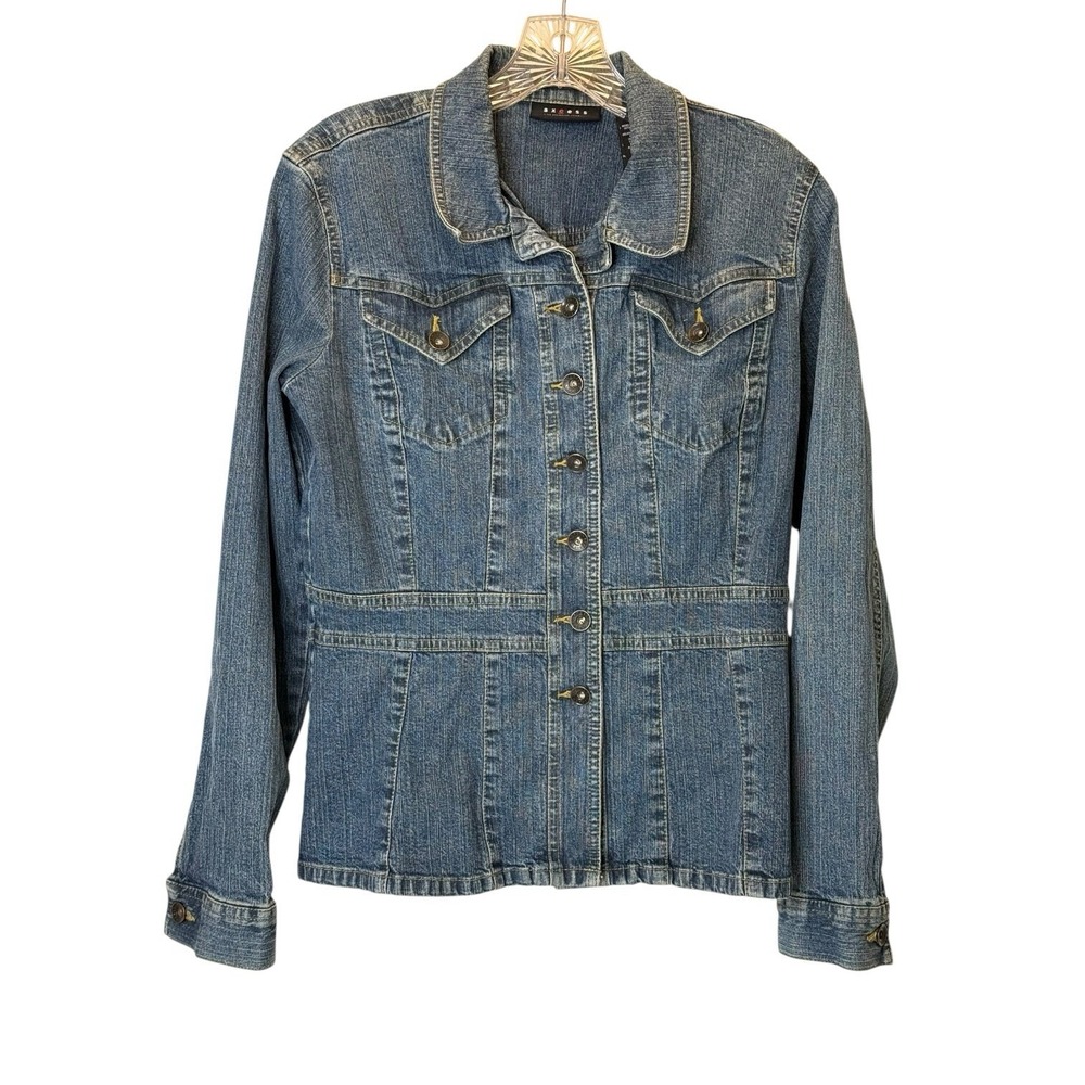 Axcess Womens Blue Stretch Denim Jacket Button Down Tailored Fitted Waist M